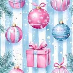 Watercolor Christmas Ornaments and Gift Box Seamless Pattern