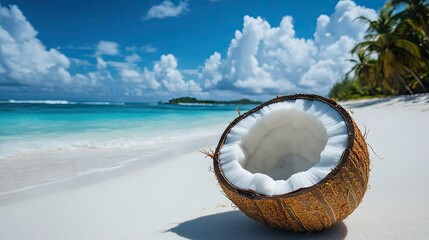 A fresh coconut cracked open, with the white meat exposed, sitting on a sandy beach.