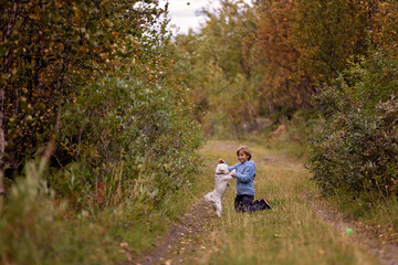 Fototapeta premium Cute little blond child, boy, training his little pet dog to obey orders, playing with him outdoors