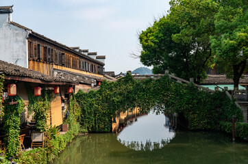 Fototapeta premium A small boat on a water town in Shaoxing, Zhejiang, China