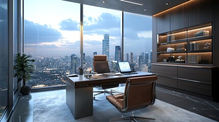 Plakat A modern office with a view of a city skyline at dusk.