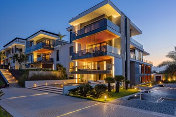 Obraz premium Elegant luxury residences showcase contemporary design with striking lighting and lush landscaping, creating a tranquil atmosphere at twilight.