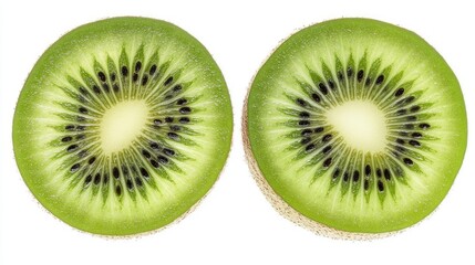 Fototapeta premium A fresh kiwi sliced in half, showing the bright green flesh and black seeds, placed on a white background.
