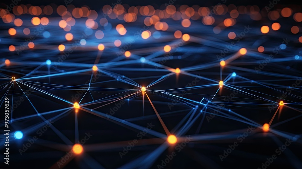 Poster a futuristic abstract background with interconnected glowing lines and nodes in a digital network pa