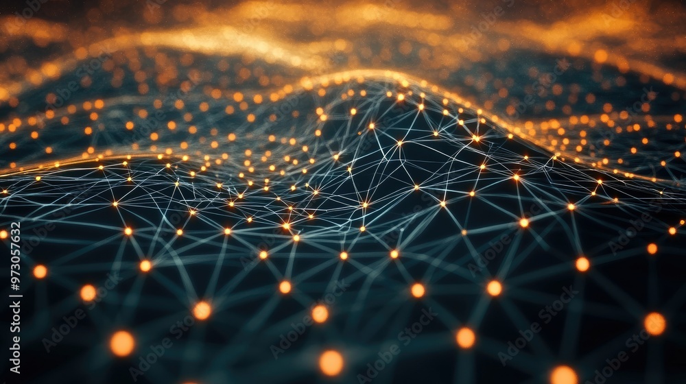 Poster a futuristic abstract background with interconnected glowing lines and nodes in a digital network pa