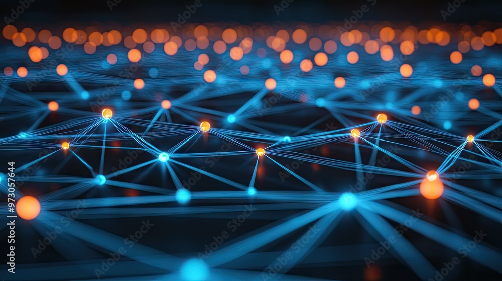 Poster a futuristic abstract background with interconnected glowing lines and nodes in a digital network pa