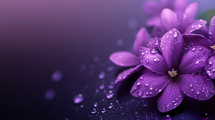 Beautiful elegant purple color flowers and waterdrops on purple color background, dark theme, wallpaper design, minimalist design
