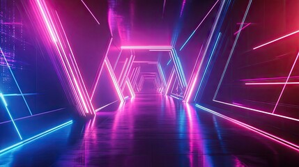 A futuristic abstract background with neon lines and geometric shapes, glowing against a dark background.