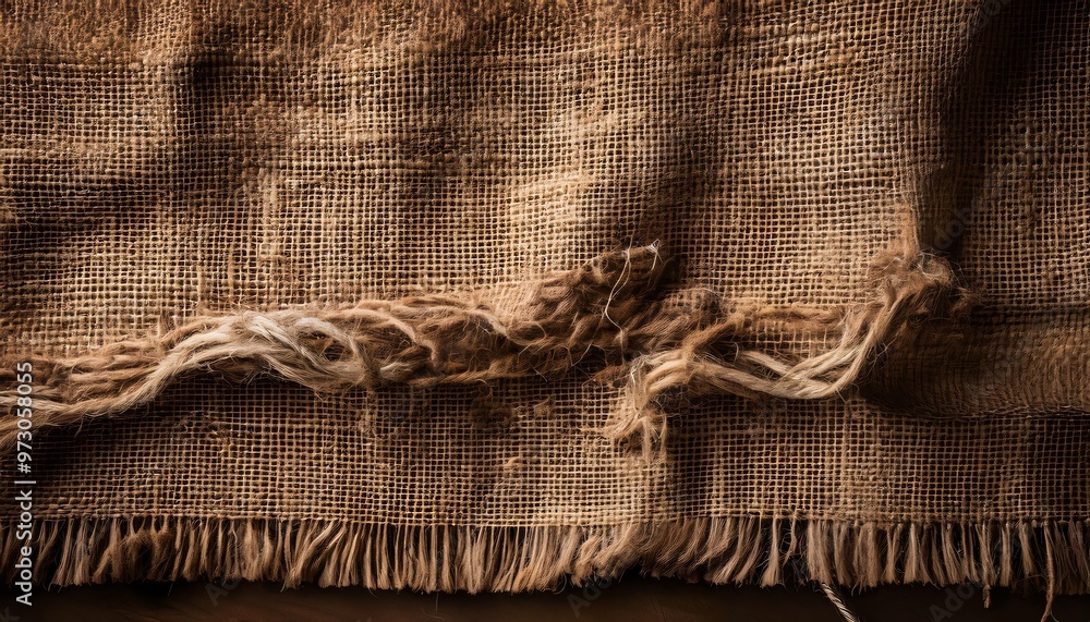 Poster rough textured burlap fabric with loose threads showing the weave and folded edges