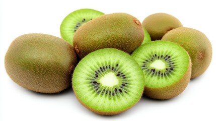 Fototapeta premium A group of fresh kiwis, some whole and some sliced in half, showing the bright green interior and black seeds.