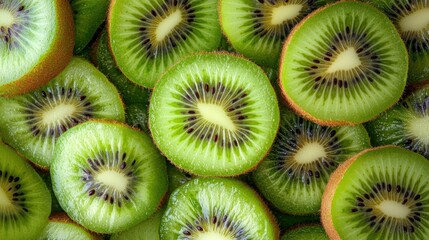 A group of fresh kiwis, some whole and some sliced in half, showing the bright green interior and black seeds