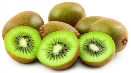 Fototapeta premium A group of fresh kiwis, some whole and some sliced in half, showing the bright green interior and black seeds