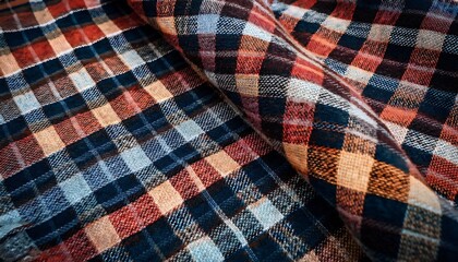Patterned checkered fabric in red, blue, black, and beige colors laid flat on a surface