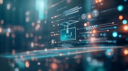 Fototapeta premium digital education concept with icons of computer, graduation cap and school board on blurred background. Digital learning online system for distance education or futuristic new AI technology