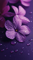 Beautiful elegant purple color flowers and waterdrops on purple color background, dark theme, wallpaper design, minimalist design
