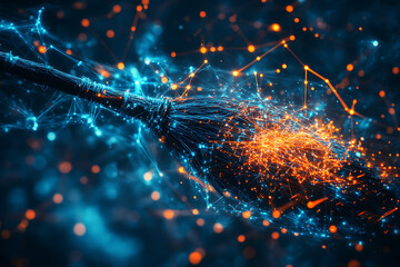  A witch's broom flying through an abstract digital background, symbolizing magic, mystery, and the supernatural.