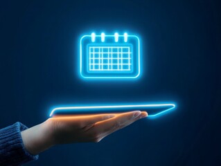 calendar icon emerging from a digital tablet , scheduling and time management ,  automated scheduling, and intelligent reminders, event planning.
