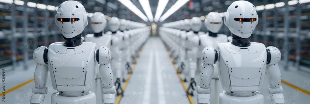 Poster rows of white humanoid robots standing in a factory, symbolizing artificial intelligence, automation