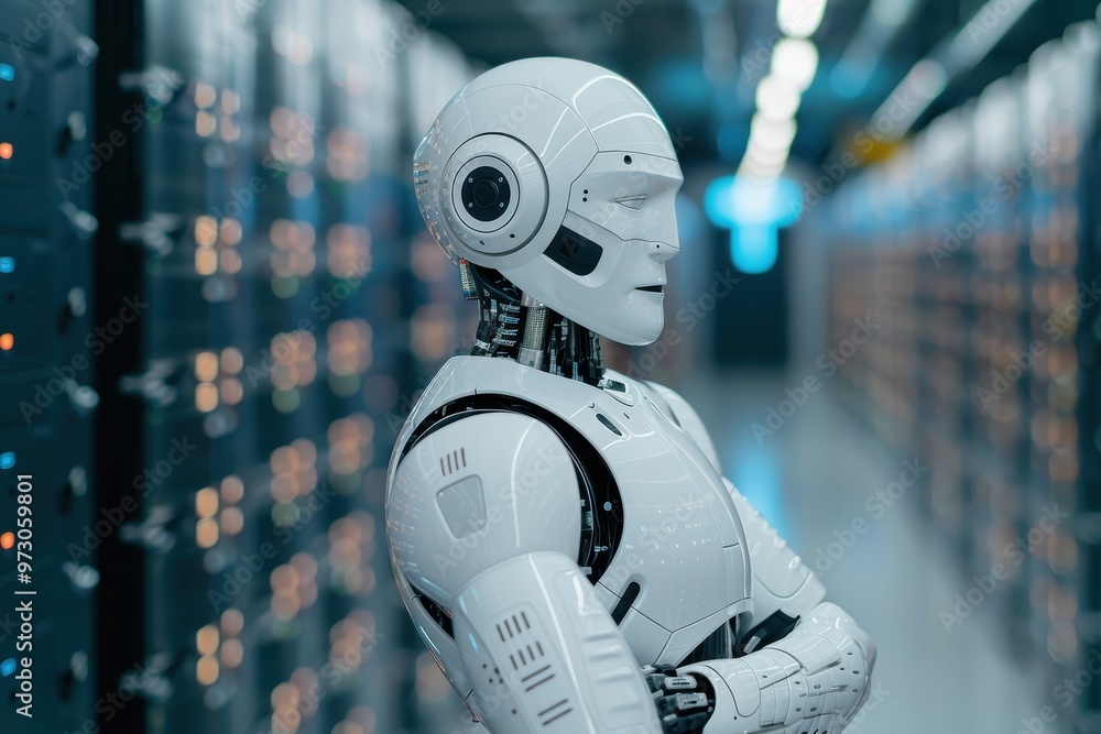Aufkleber a humanoid robot with folded arms in a modern data center, symbolizing artificial intelligence, auto