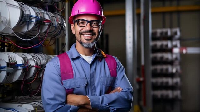 Confident hispanic engineer in electrical room, smiling and proud of work, surrounded by machinery. Professional setting with blurred background