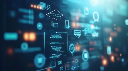 Obraz premium digital education concept with icons of computer, graduation cap and school board on blurred background. Digital learning online system for distance education or futuristic new AI technology