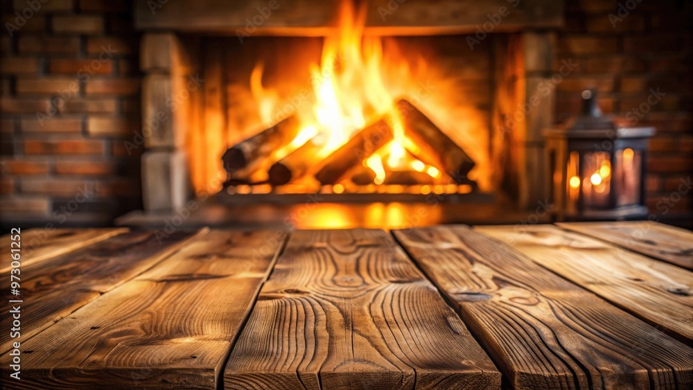 Poster empty wooden surface with cozy blurred fireplace in the background for product display or montage