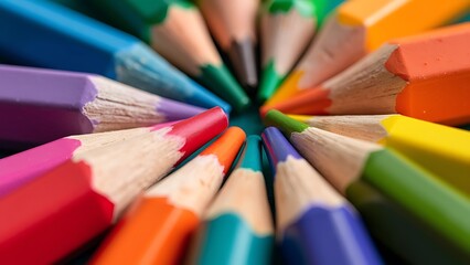 Fototapeta premium Variety of colored pencils arranged in a row, highlighting their bright tips. Perfect for educational materials, art projects, or design applications.