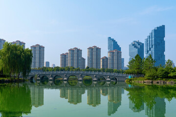 Fototapeta premium Shaoxing City Skyline and Wetland Park, Zhejiang Province, China