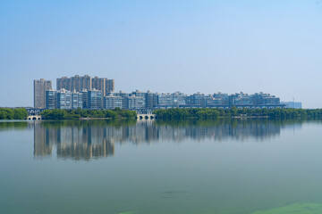 Shaoxing City Skyline and Wetland Park, Zhejiang Province, China