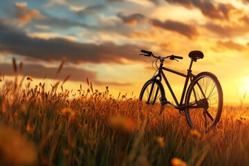 Naklejka premium A rustic, vintage bicycle in a blooming field under a golden sunset
