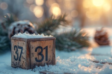 Wooden coasters with black anchor emblems stacked on a rustic table., Wooden December 31st Calendar with Christmas Tree Background, Old vintage wooden calendar for January 01 against the background 
