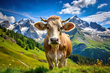 Cow Gazing at the Swiss Alps on a Sunny Day