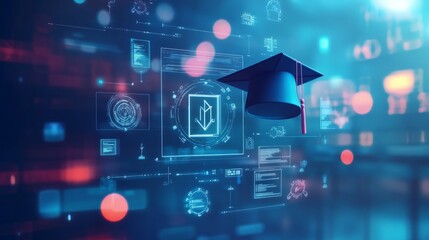 Fototapeta premium digital education concept with icons of computer, graduation cap and school board on blurred background. Digital learning online system for distance education or futuristic new AI technology