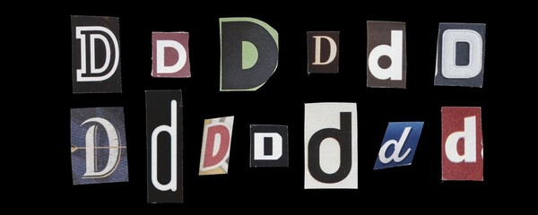 Set of cut-out letter &ldquo;D&rdquo; from magazines on a black background, retro y2k style symbols for collage
