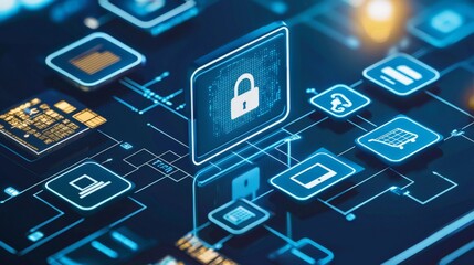 An e-commerce transaction being securely processed, with digital encryption symbols and secure payment icons, highlighting the importance of online security