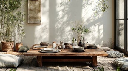 A bohemian-inspired dining area with a low wooden table, floor cushions, and a mix of eclectic tableware, set in a relaxed, artistic environment.