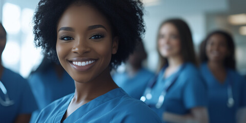 Fototapeta premium A cheerful nurse in blue scrubs standing confidently with her medical team in the background, symbolizing healthcare, teamwork, and professionalism. 