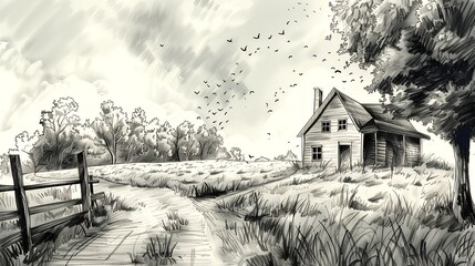 A black and white illustration of a rustic wooden house in a field with a fence and birds flying overhead.