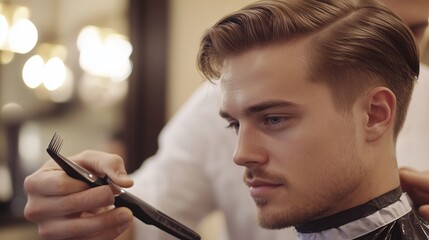 Obraz premium Young man receiving a stylish haircut at a modern barber shop during a busy afternoon with warm lighting and professional barber