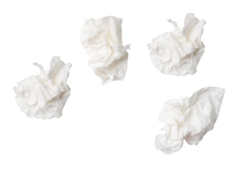 Top view set of screwed or crumpled white tissue paper balls after use isolated with clipping path in png file format