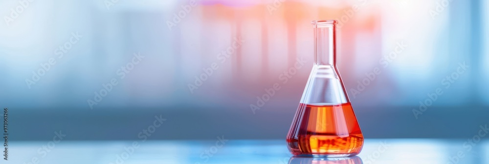 Poster close-up of a single laboratory flask filled with red chemical solution placed on a reflective surfa