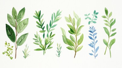 A collection of hand-painted green botanical leaves showcasing diverse shapes and textures, perfect for natural-themed designs.