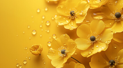 Fototapeta premium Beautiful elegant yellow color flowers and waterdrops on yellow color background, dark theme, wallpaper design, minimalist design 