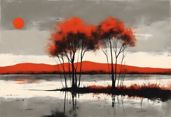 Sunset over the river, Abstract background