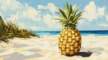 A tropical pineapple with a golden-brown rind, standing tall on a sandy beach background.