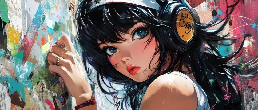 Stunning anime girl graffiti artist in action, capturing the artistic process and vivid colors of her urban artwork in a detailed animation