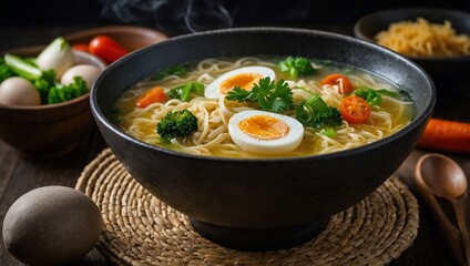 Delicious egg drop soup with noodles and vegetables.