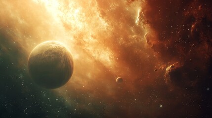 Obraz premium A breathtaking deep space scene with an enormous gas giant planet and its moons,