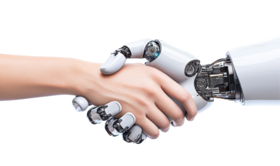 Human hand shakes a robotic hand isolate on transparent background, cutout, png