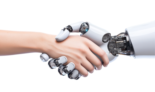 Human hand shakes a robotic hand isolate on transparent background, cutout, png